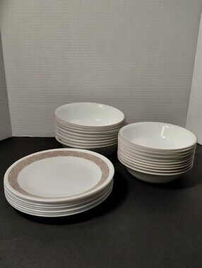 Corelle Sand Sketch White Dinnerware Set with Taupe Geometric Rim -25 Piece
